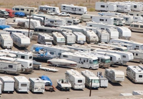RV storage facility with parked recreational vehicles